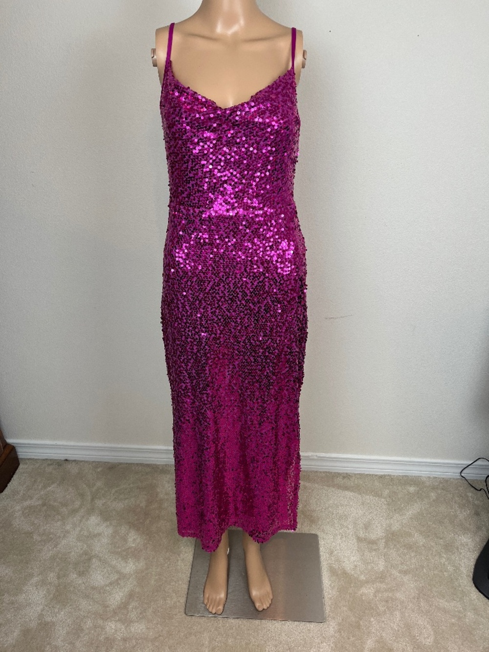 Taylor Dress, Fuchsia Hot Pink Sequin Midi Dress, Cowl Neck, Size 4